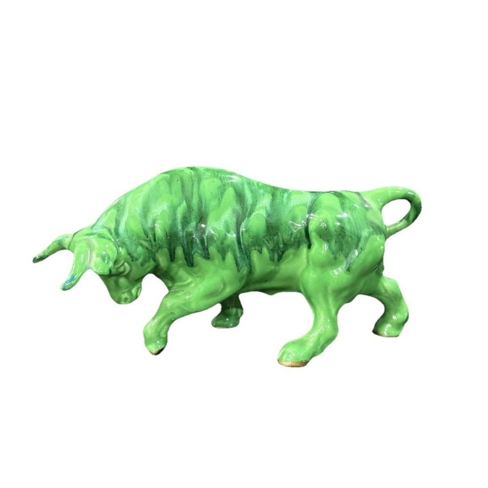 Vintage Green Drip Glaze Ceramic Charging Bull Figurine Mid Century Modern Decor
